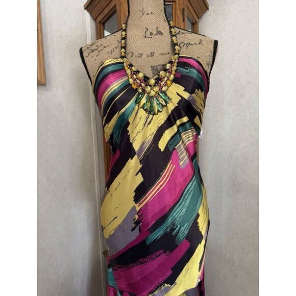 TIFFANY Rainbow Satin Silky Halter Tie Back Maxi Dress Gown Sz 8 Prom Drop Waist - Picture 7 of 12